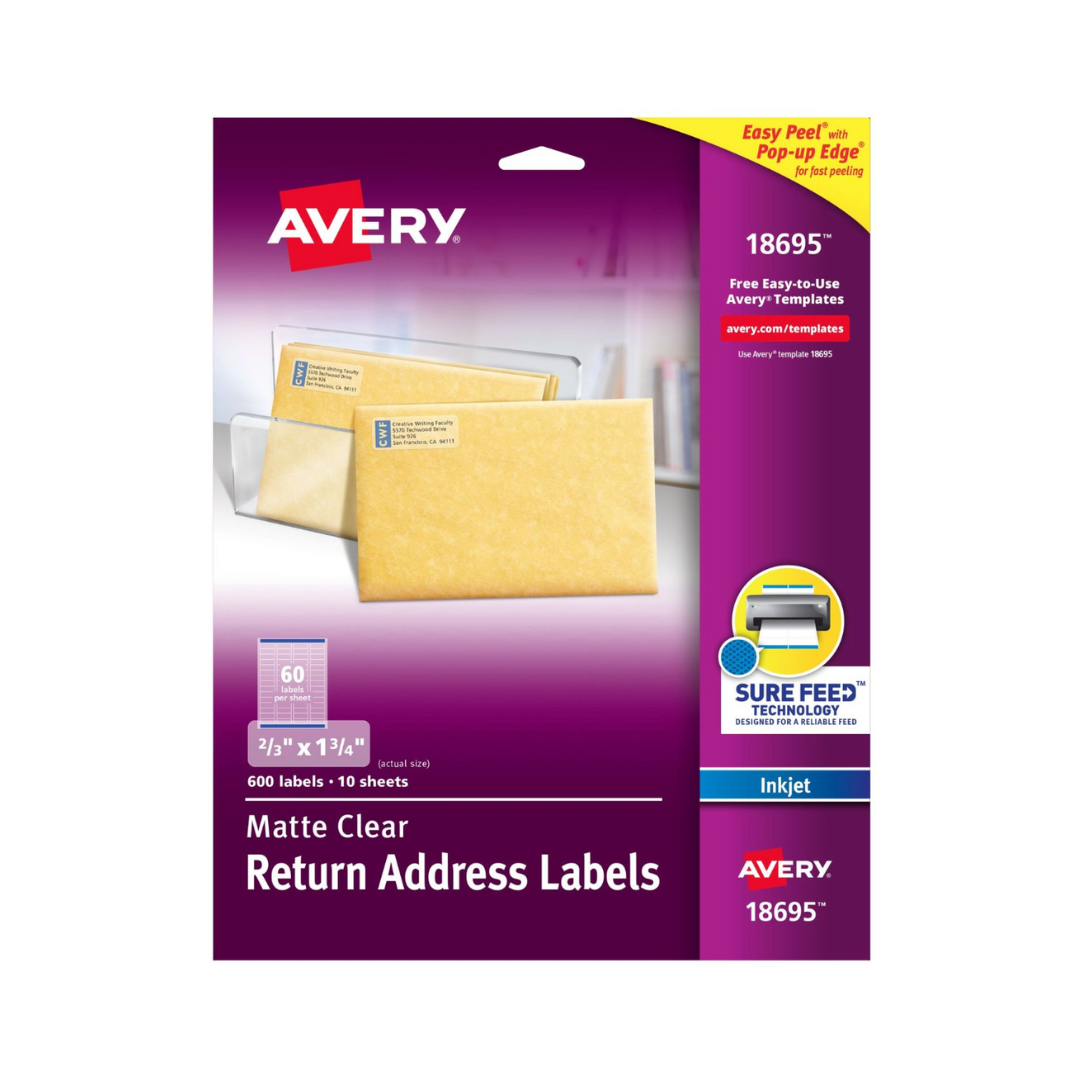 Avery® Etiquetas transparentes mate para envíos,  tecnología Sure Feed™, impresora tinta, 4.4 x 1.7 cms, 600 etiquetas (18695)