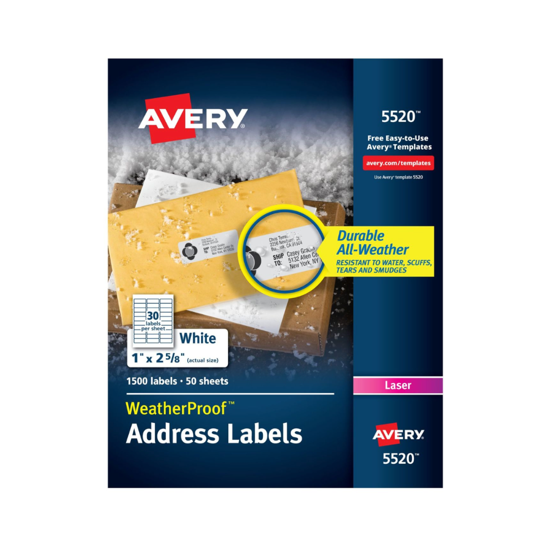 Avery® Etiquetas impermeables con adhesivo permanente Ultrahold®, Sure Feed™, TrueBlock®, impresión láser, 1500 etiquetas, 6.7 x 2,5 cms (5520)