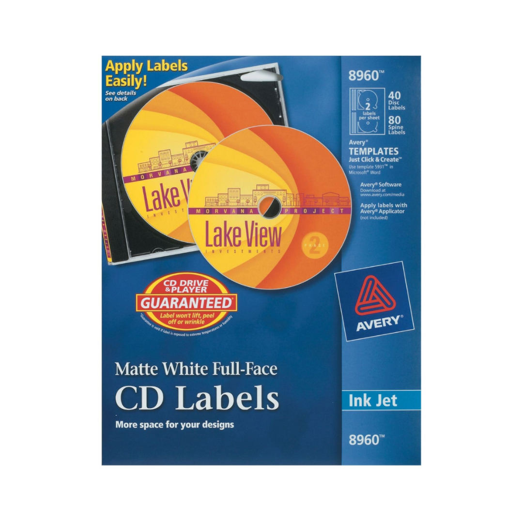 Avery® Etiquetas de CD, impresión hasta el borde, adhesivo permanente, mate, 40 etiquetas de disco y 80 etiquetas de lomo (8960)