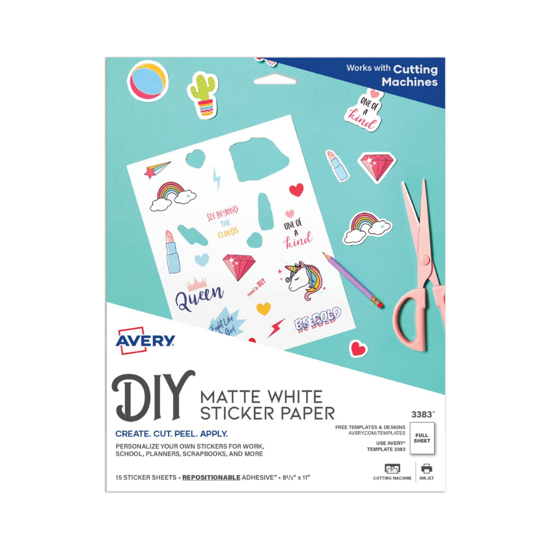 Avery® Papel adhesivo reposicionable para proyectos, 21.5 x 27.9 cms, impresora de inyección de tinta, 5 hojas en blanco mate (3383)