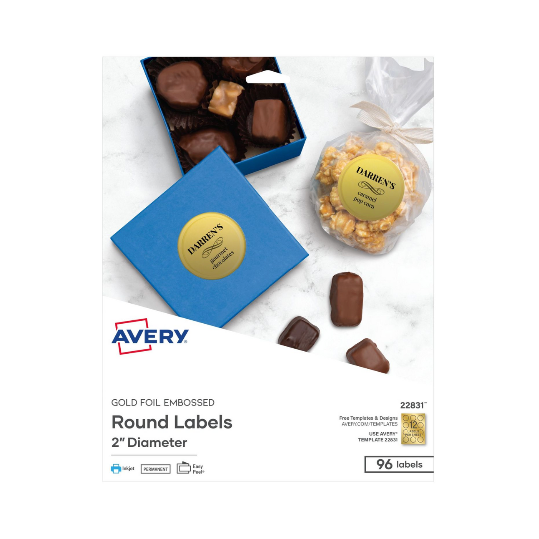 Avery® Etiquetas redondas doradas con relieve, 5.1 cms de diámetro, 96 etiquetas, adhesivo permanente (22831)