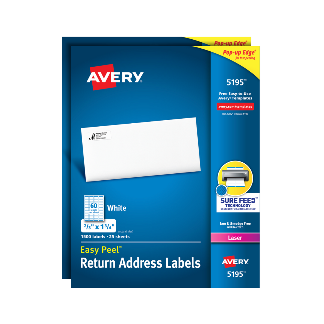Avery® Etiquetas para hacer envíos, despegado fácil, tecnología Sure Feed™, adhesivo permanente, 4.4 x 1.7 cms, 1500 etiquetas (5195)