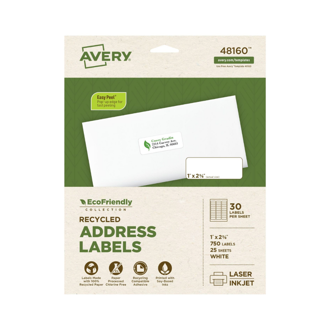 Avery® Etiquetas de dirección EcoFriendly, adhesivo permanente, 6.7 x 2.5 cms, 750 etiquetas (48160)