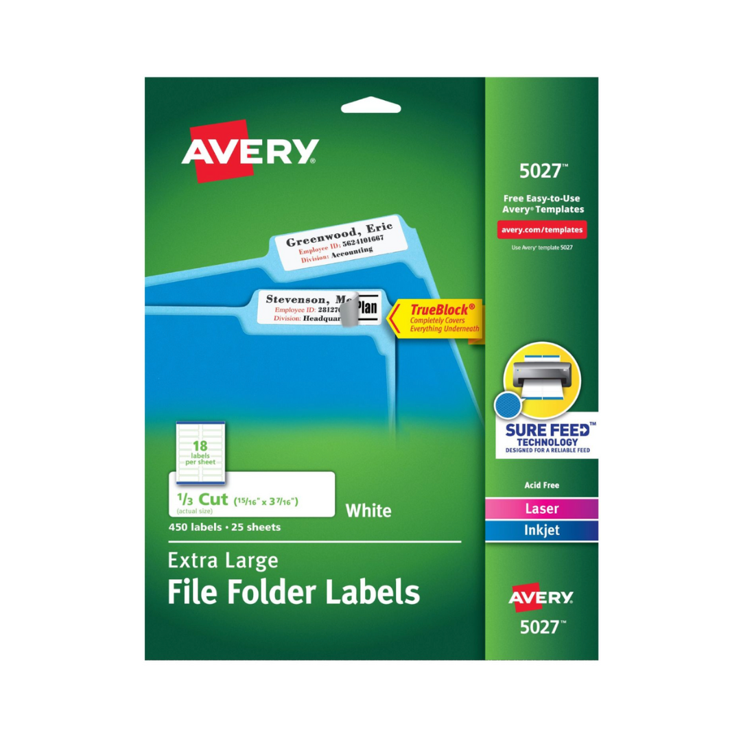 Avery® Etiquetas para carpetas de archivos extragrandes TrueBlock®, 8.7 x 2.4cms, 450 etiquetas imprimibles, permanentes, blancas (5027)