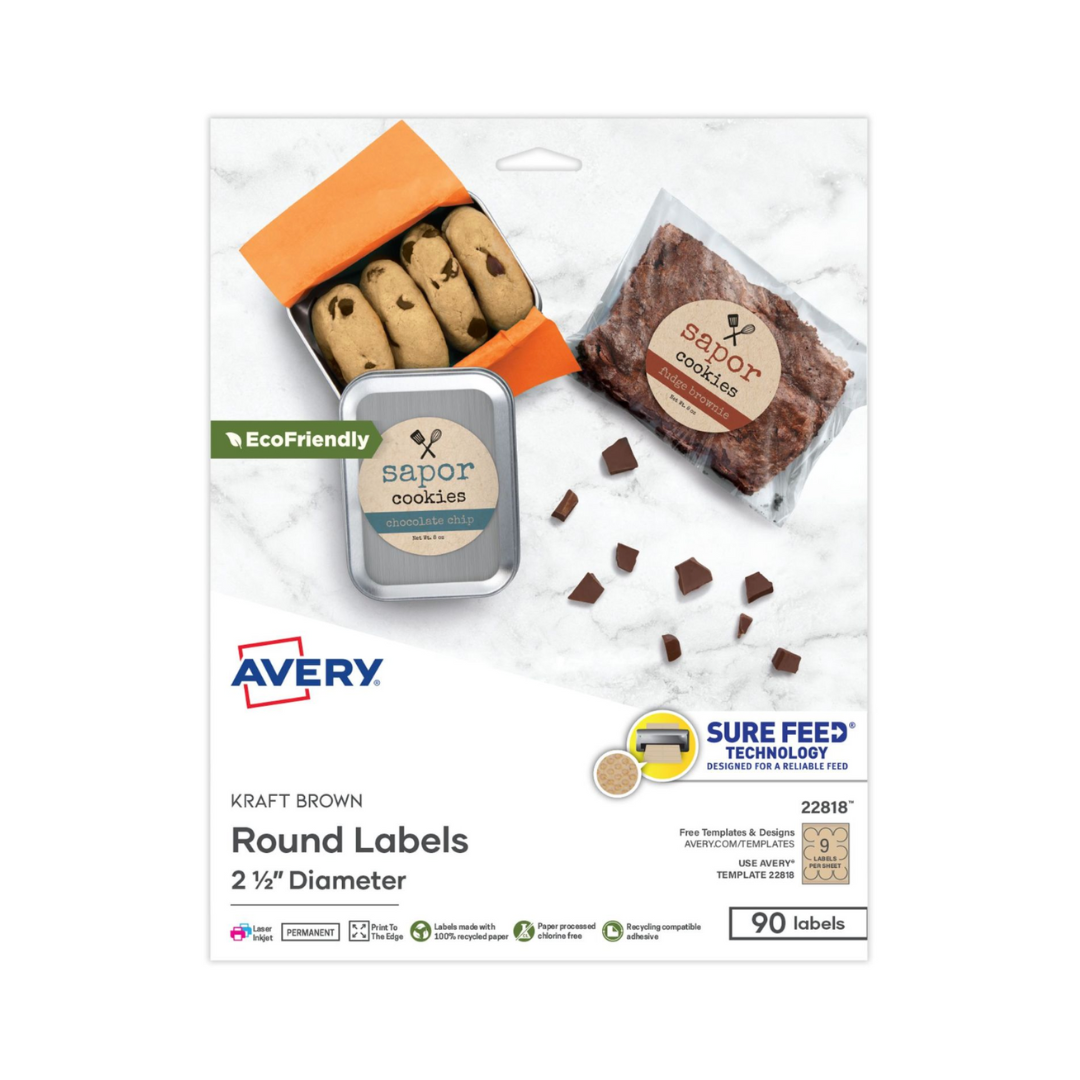 Avery® Etiquetas redondas marrón kraft, 6.4 cms de diámetro, 90 etiquetas, adhesivo permanente (22818)
