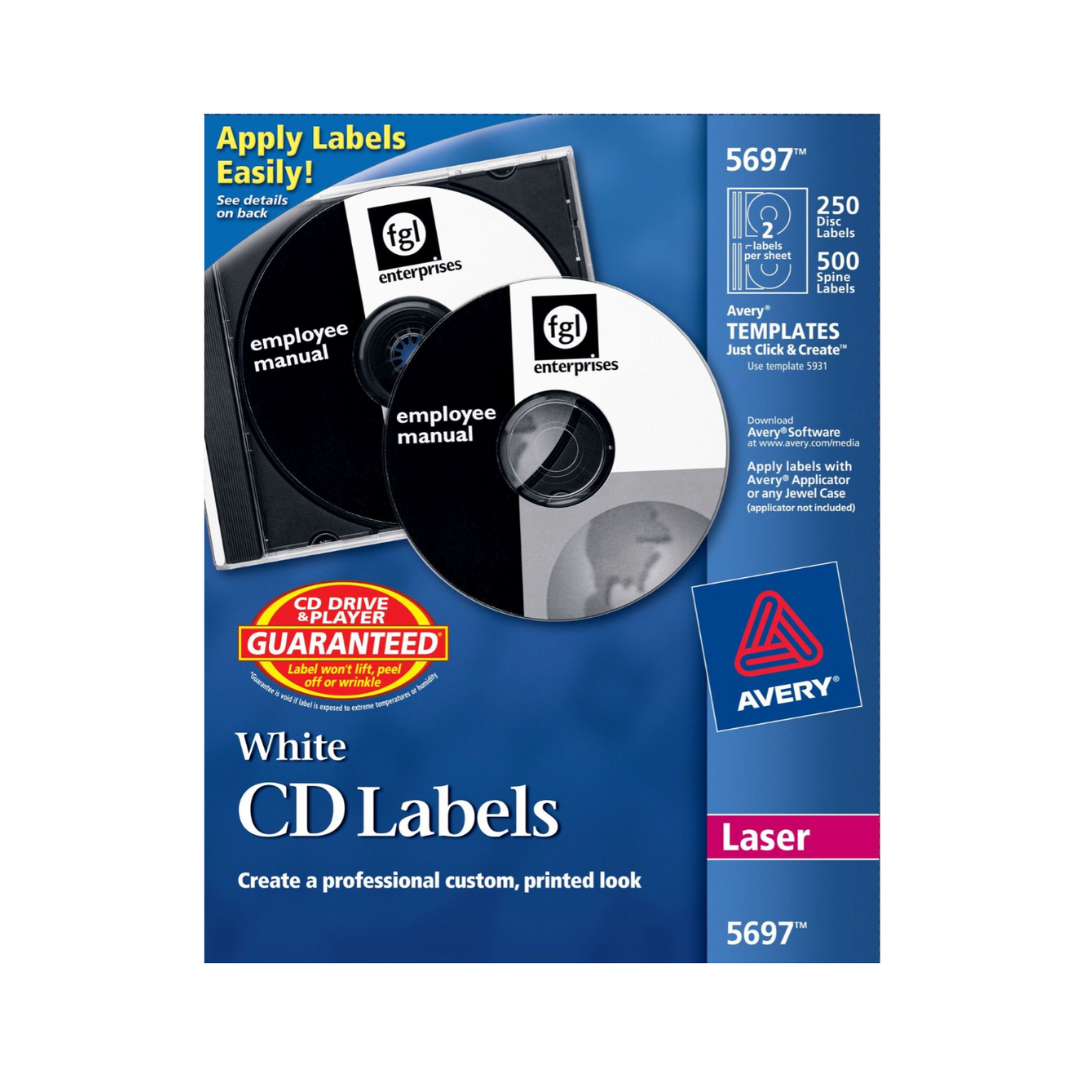 Avery® Etiquetas de CD, impresión hasta el borde, adhesivo permanente, 250 etiquetas de disco y 500 etiquetas de lomo (5697)