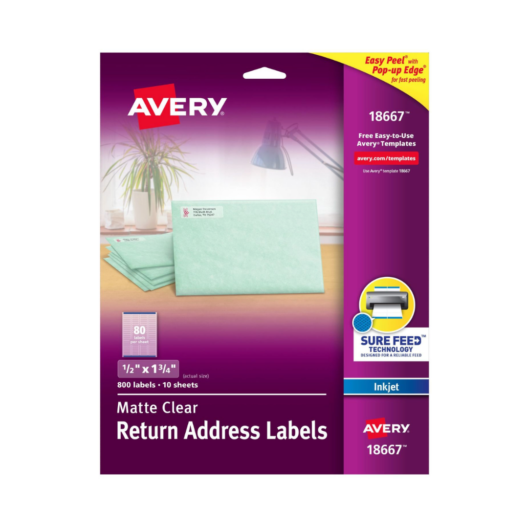 Avery® Etiquetas transparentes para envíos, tecnología Sure Feed™, inyección de tinta, 4.4 x 1.3 cms, 2000 etiquetas (8667)