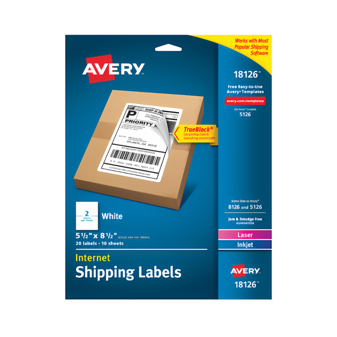 Avery® Etiquetas para envíos, tecnología TrueBlock®, adhesivo permanente, 21.5 x 14 cms, 20 etiquetas (18126)