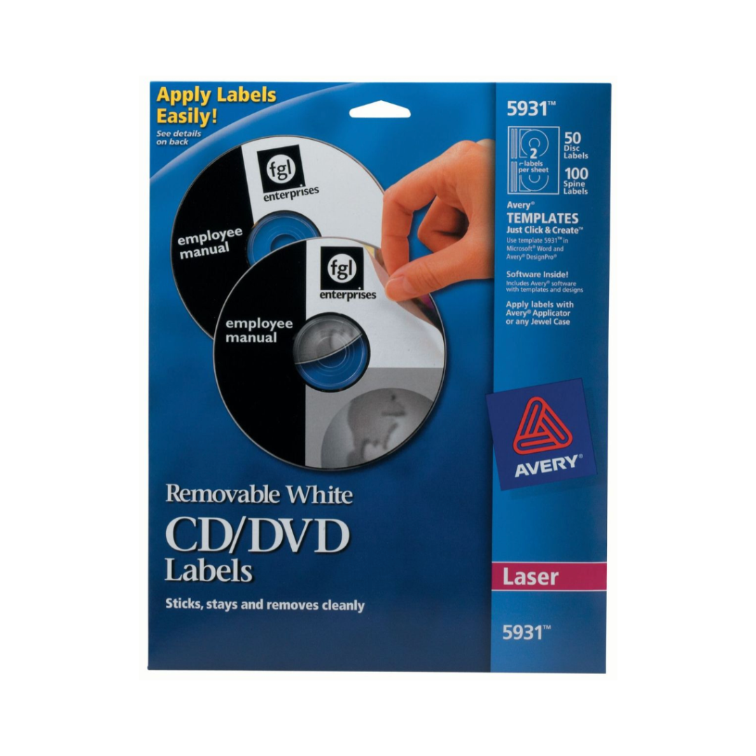 Avery® Etiquetas de CD removibles, impresión hasta el borde, adhesivo removible, 50 etiquetas de disco y 100 etiquetas de lomo (5931)