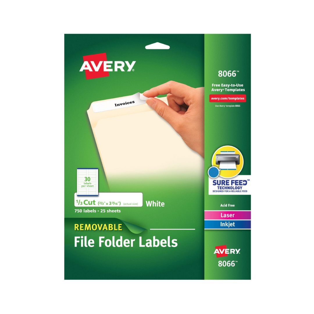 Avery® Etiquetas para carpetas archivadoras, Sure Feed™, 8.7 x 1.7 cms, 750 etiquetas imprimibles, adhesivo removible, blanco (8066)