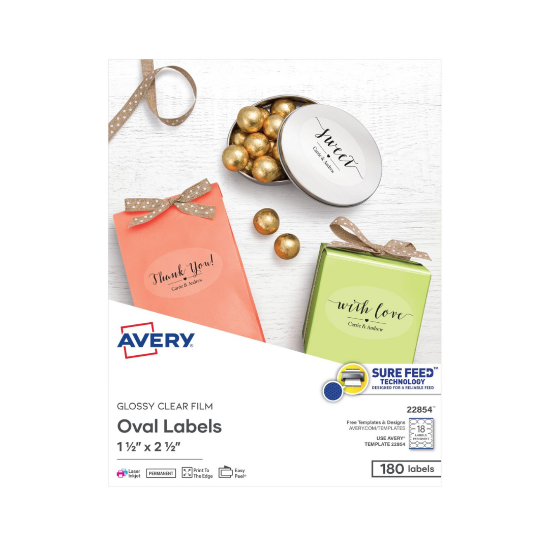 Avery® Etiquetas ovaladas de 6.4 x 3.8 cms con alimentación segura, 180 etiquetas, adhesivo permanente, transparente brillante (22854)