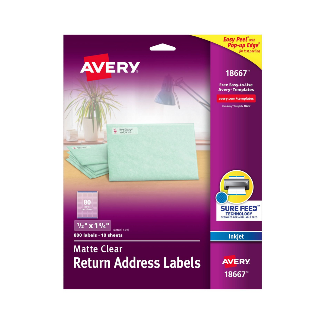 Avery® Etiquetas transparentes mate, tecnología Sure Feed™, inyección de tinta, 4.4 x 1.3 cms, 800 etiquetas (18667)