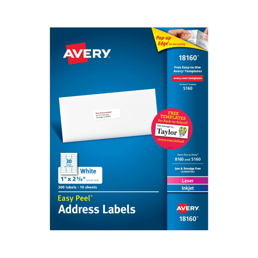 Avery® Etiquetas adhesivas, tecnologías Easy Peel® y Sure Feed™, adhesivo permanente, 6.7 X 2.5 cms, 300 etiquetas (18160)