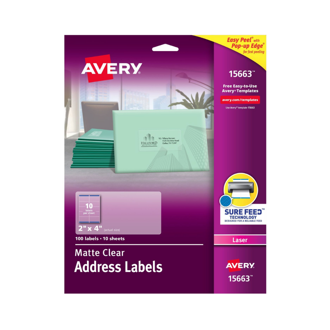 Avery® Etiquetas de envío transparentes mate, tecnología Sure Feed™, láser, 10.2 X 5.08 cms, 100 etiquetas (15663)
