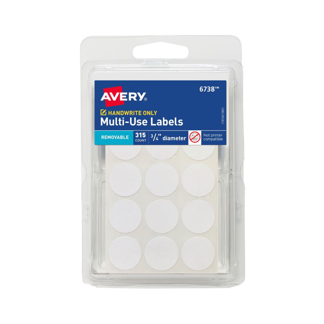 Avery® Etiquetas removibles multiuso, etiquetas redondas de 1.9 cms, blancas, no imprimibles, 315 etiquetas redondas en total (6738)