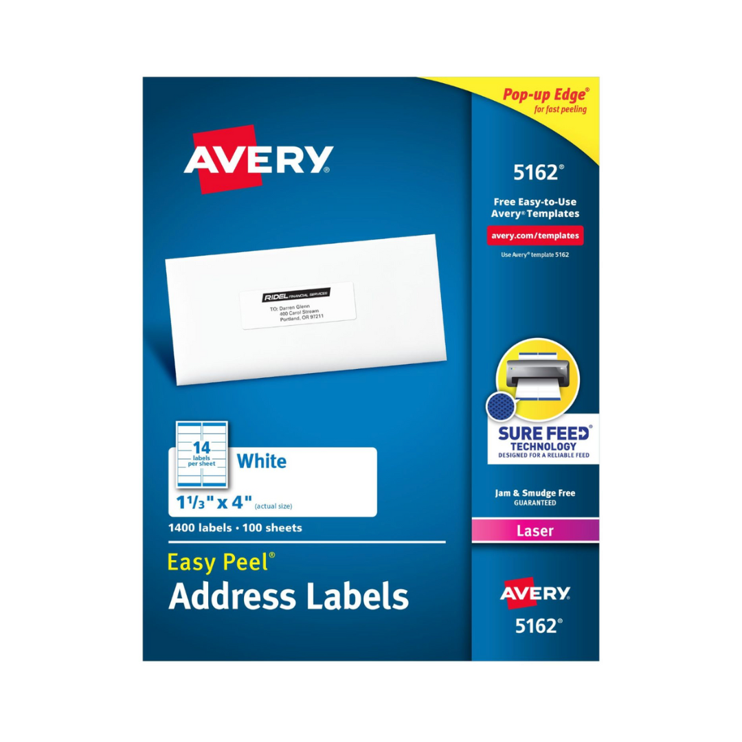 Avery® Etiquetas para nombres y direcciones Easy Peel®, tecnología Sure Feed™, adhesivo permanente, 10.2 x 3.4 cms, 1400 etiquetas (5162)