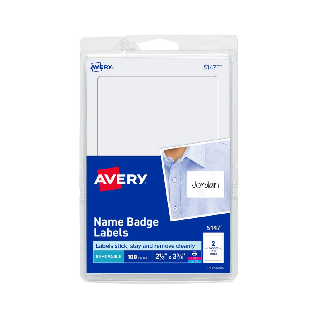 Avery® Etiquetas para distintivos de nombre, 8.6 x 5.9 cms, 100 distintivos (5147)