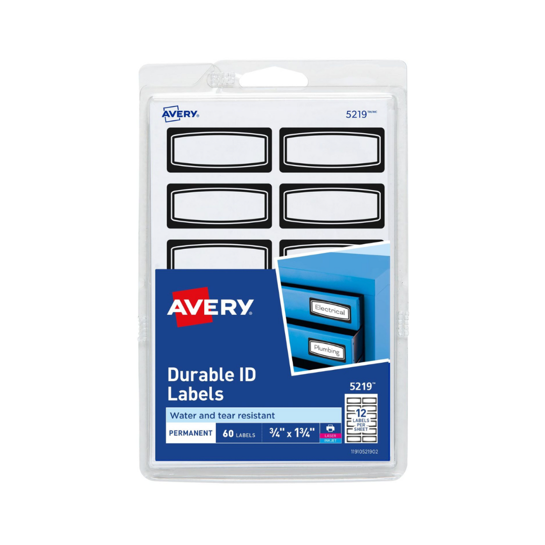Avery® Etiquetas de identificación duraderas, 4.4 x 1.9 cms, borde negro, etiquetas para escribir e imprimir, 60 en total (5219)