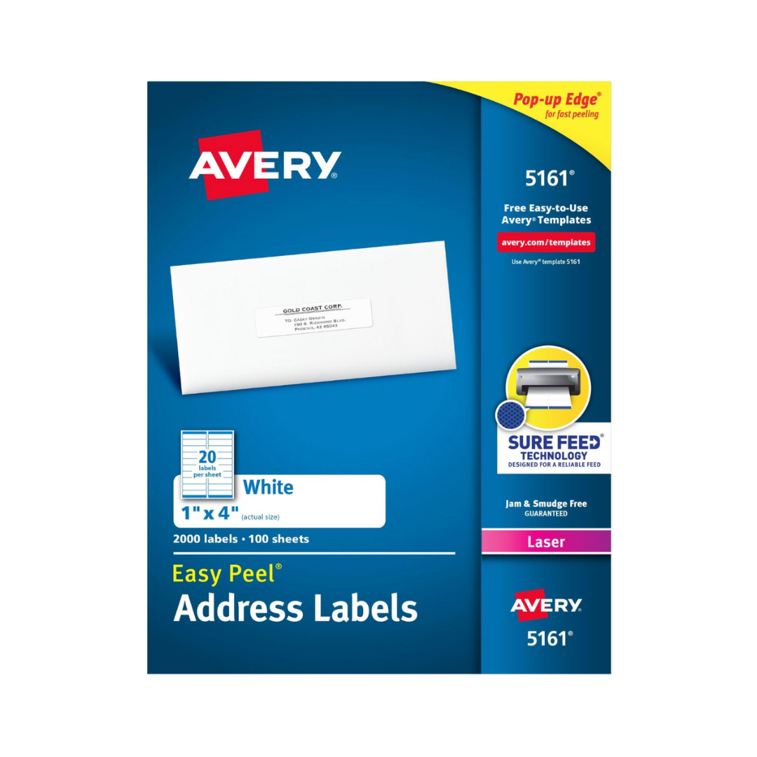 Avery® Etiquetas para direcciones, con despegado fácil, tecnología Sure Feed™, adhesivo permanente, 10.2 x 2.5cms, 2000 etiquetas (5161)