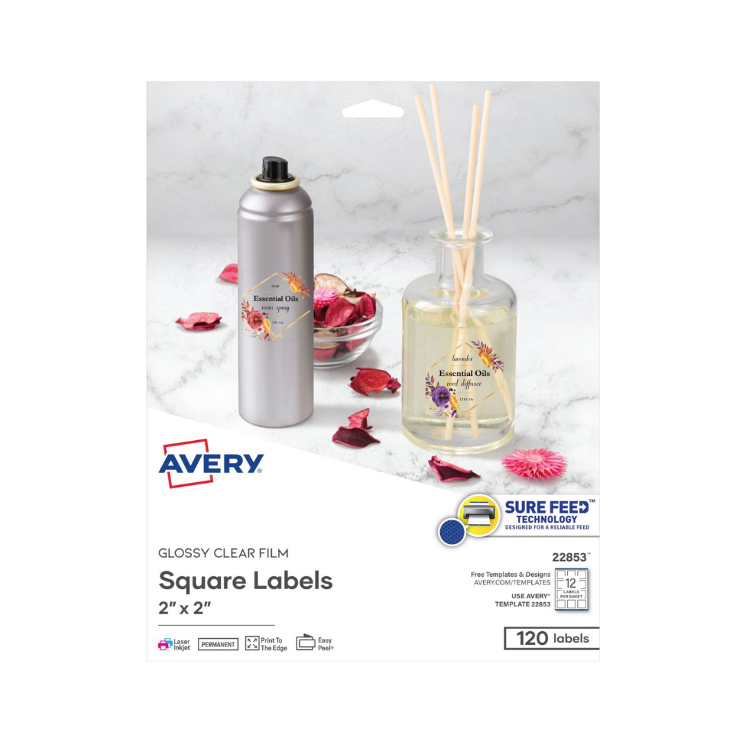 Avery® Etiquetas cuadradas de 5.1 x 5.1 cms, SureFeed, 120 etiquetas, adhesivo permanente, transparente brillante (22853)