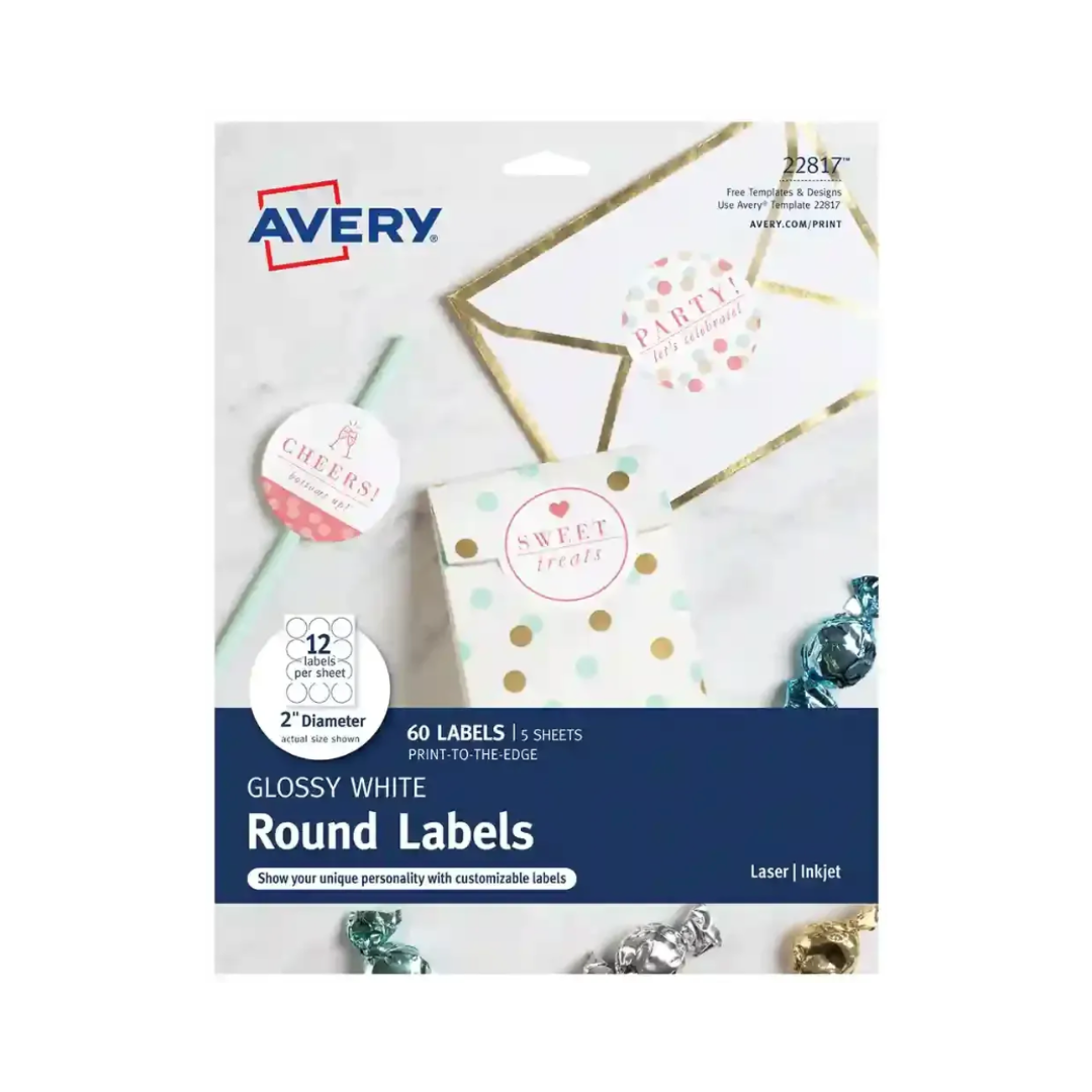 Avery® Etiquetas redondas blancas brillantes, tecnología Sure Feed™, 5.1 cms diámetro, 60 etiquetas, adhesivo permanente (22817)