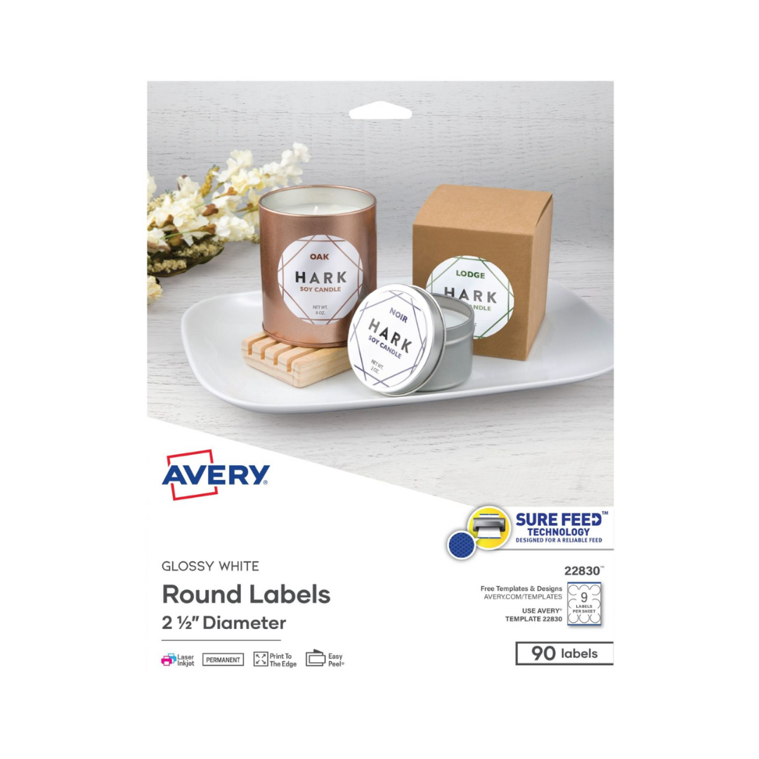 Avery® Etiquetas redondas blancas brillantes con Sure Feed™, 6.4 cms de diámetro, 90 etiquetas, adhesivo permanente (22830)