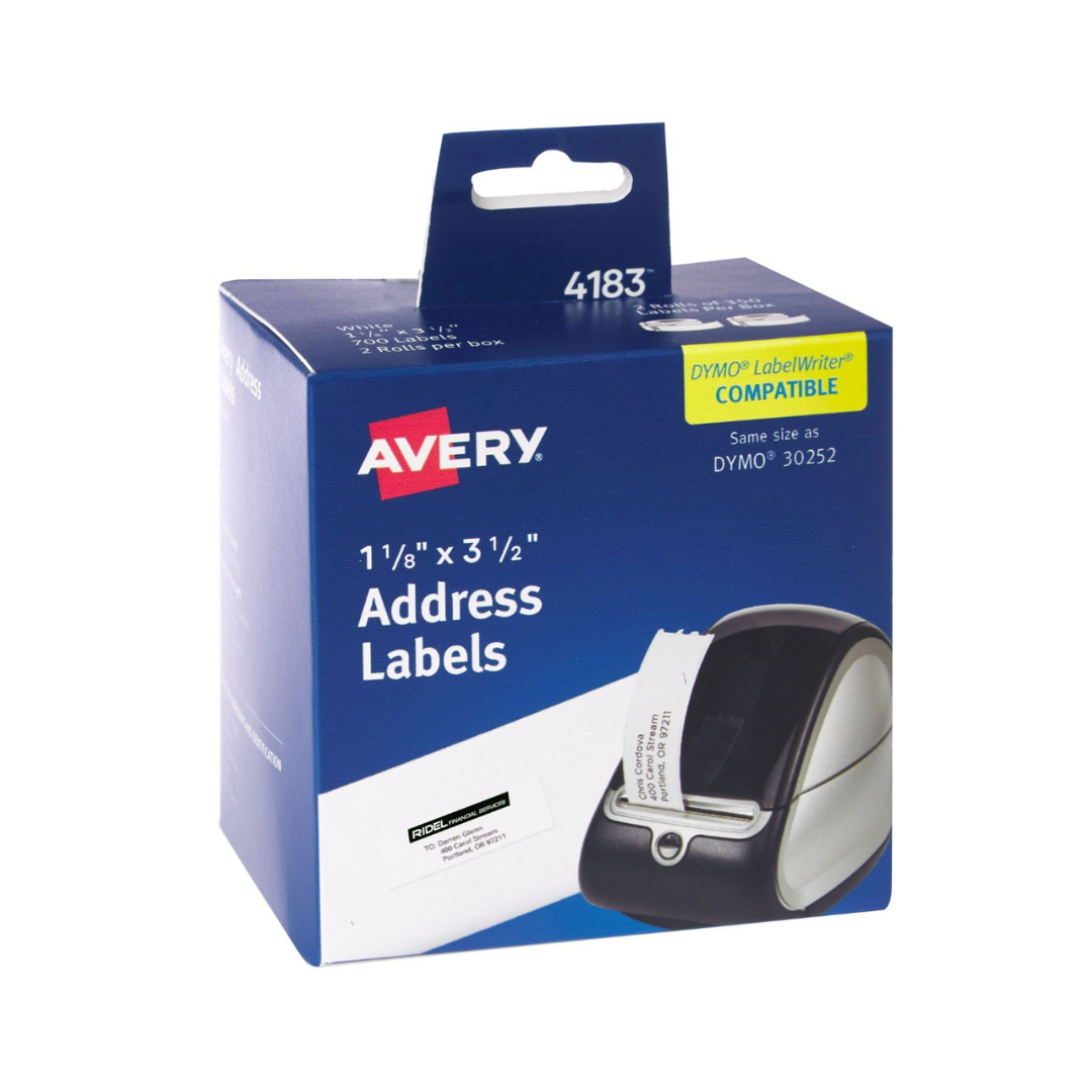 Avery®  Etiquetas multipropósito, Impresión térmica directa, 8.9 x 2.9 cms, blancas, permanentes, 2 rollos, total de 700 etiquetas (4183)