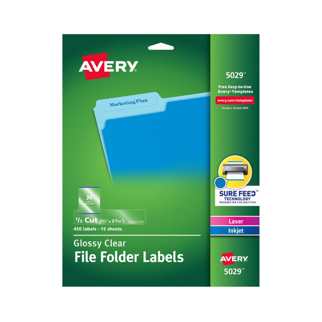 Avery® Etiquetas para archivo, adhesivo permanente, transparente brillante, 8.7 x 1.7 cms, 450 etiquetas (5029)