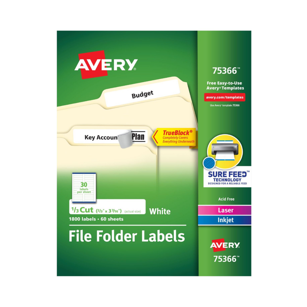 Avery® Etiquetas para carpetas, TrueBlock®, 8.7 x 1.7 cms, 1500 etiquetas imprimibles, adhesivo permanente, blanco (5366)