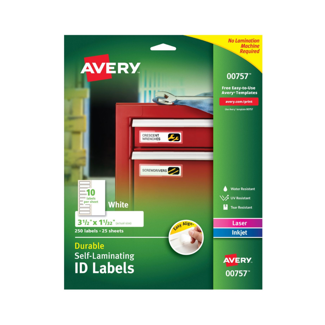 Avery® Etiquetas de identificación autolaminables, Easy Align®, adhesivo permanente, 8.9 x 2.6 cms, 250 etiquetas (00757)