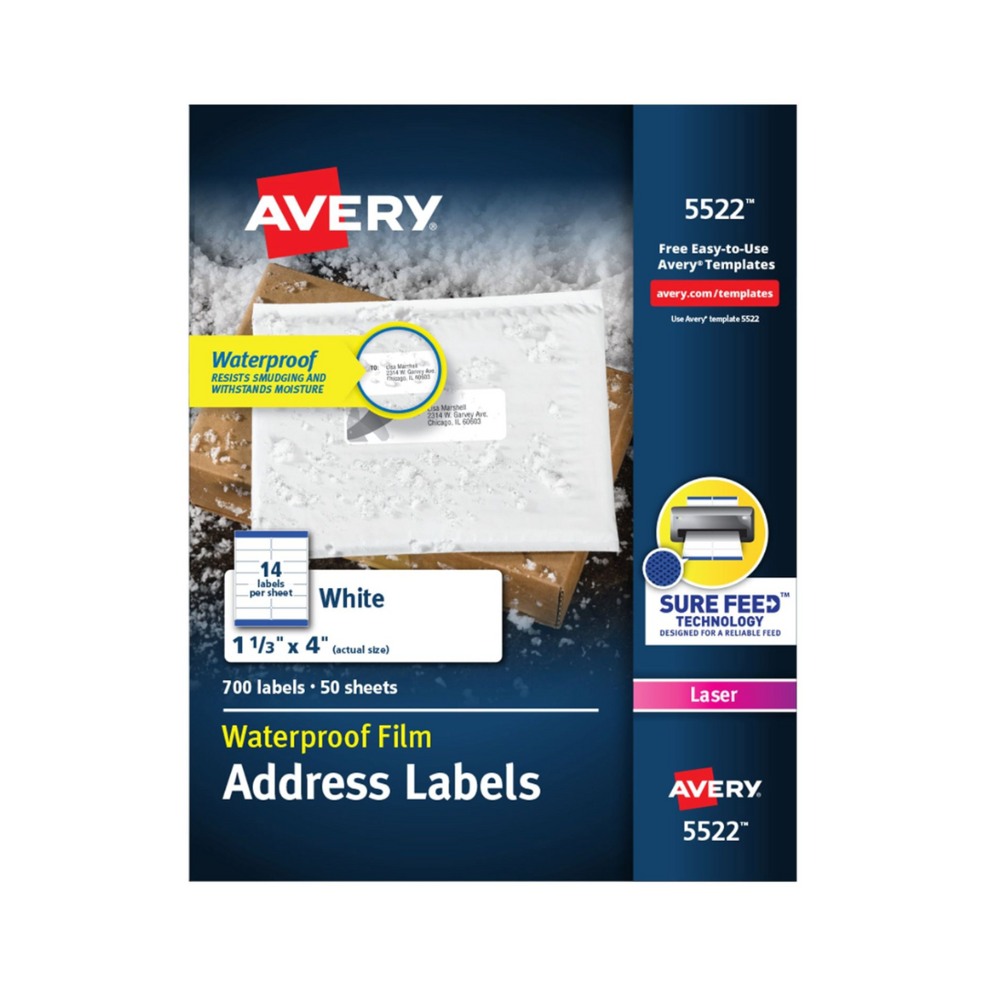 Avery® Etiquetas impermeables con adhesivo permanente Ultrahold®, Sure Feed™, TrueBlock®, láser, 10.2 x 3.4 cms , 700 etiquetas (5522)