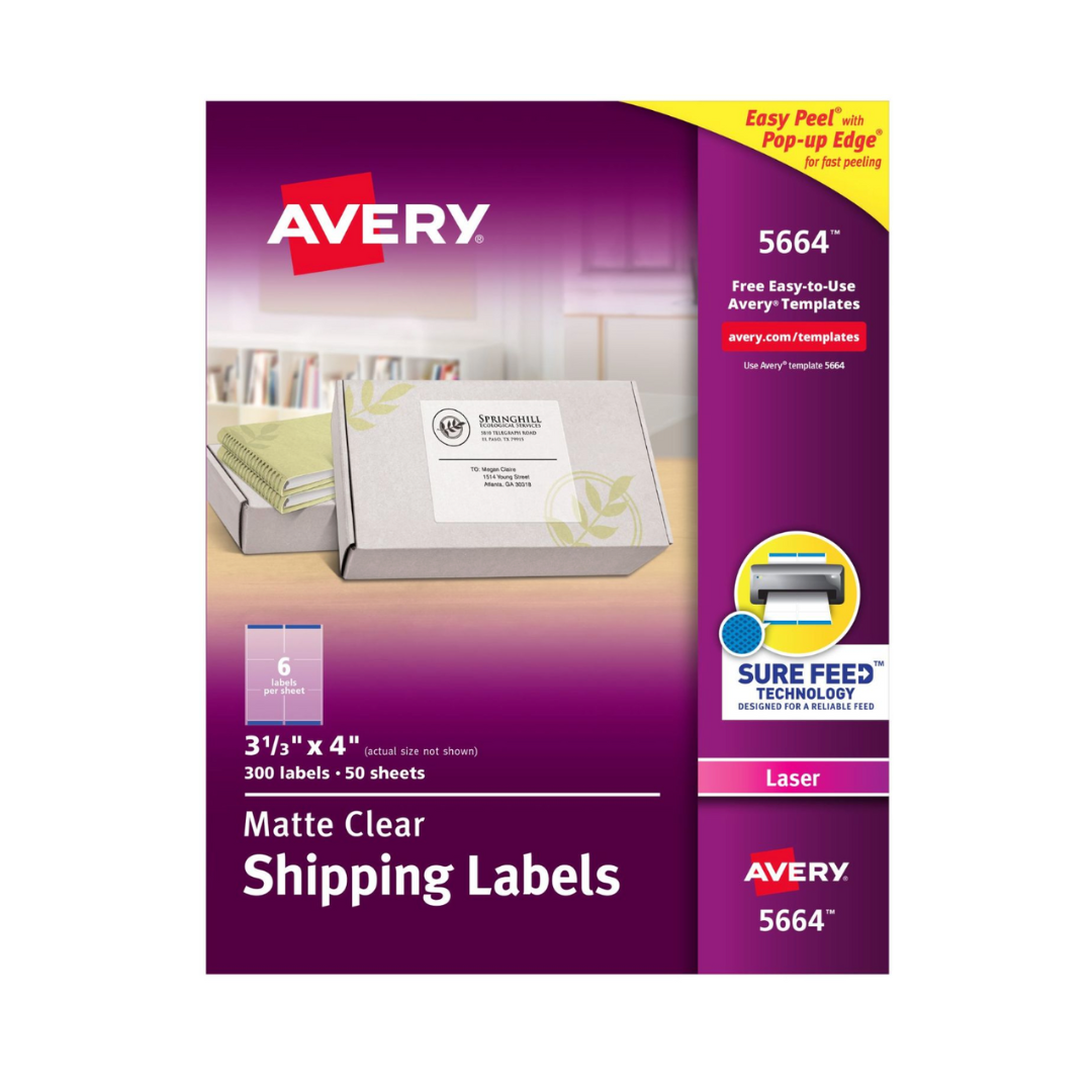 Avery® Etiquetas de envío transparentes mate, tecnología Sure Feed™, láser, 10.2 x 8.5 cms 300 etiquetas (5664)