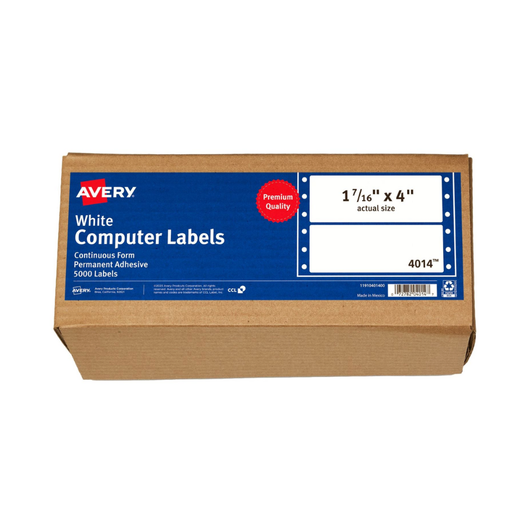 Avery® Etiquetas para computadora de formato continuo, adhesivo permanente, 10.2 x 3.7 cms, 5000 etiquetas (4014)
