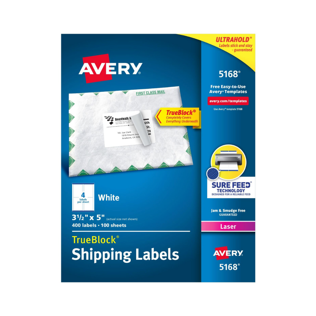 Avery® Etiquetas de envío, TrueBlock®, tecnología Sure Feed™, adhesivo permanente, 12.7 x 8.9 cms, 400 etiquetas (5168)