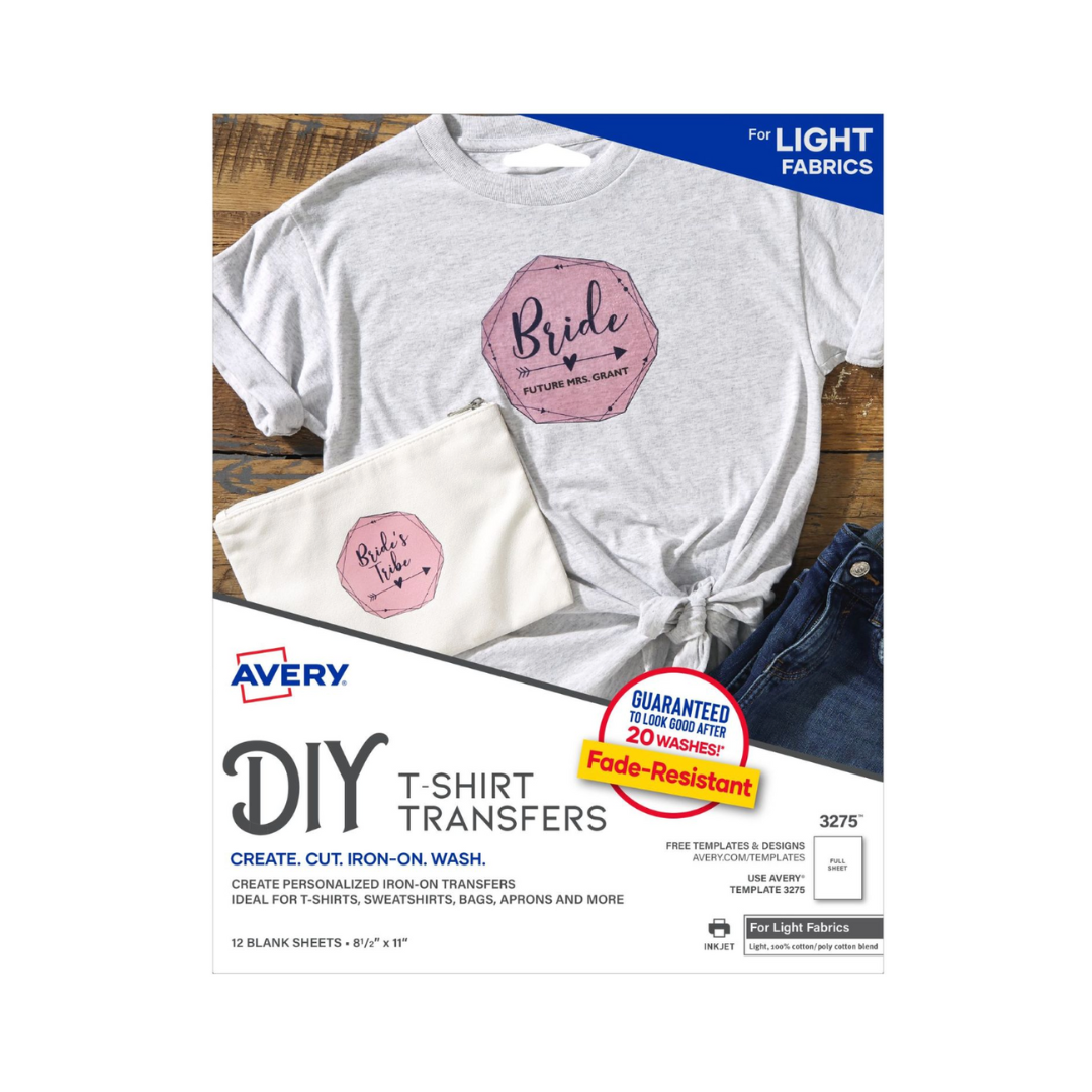 Avery® Papel transfer para telas claras, 21.5 x 27.9 cms, Impresora de inyección de tinta, 12 hojas mate (3275)