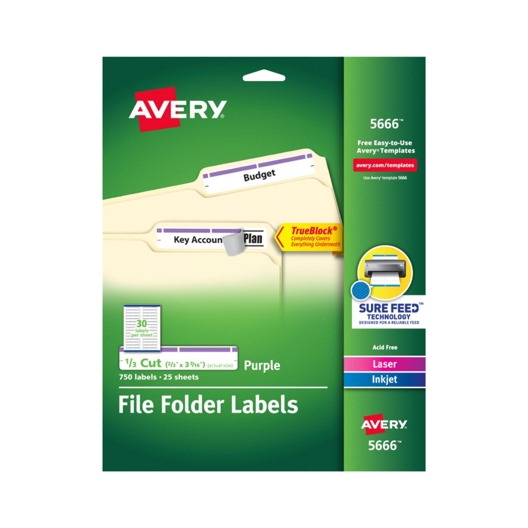 Avery® Etiquetas para carpetas de archivos TrueBlock®, 8.7 x 1.7cms, 750 etiquetas imprimibles, adhesivo permanente, blanco/Morado(5666)