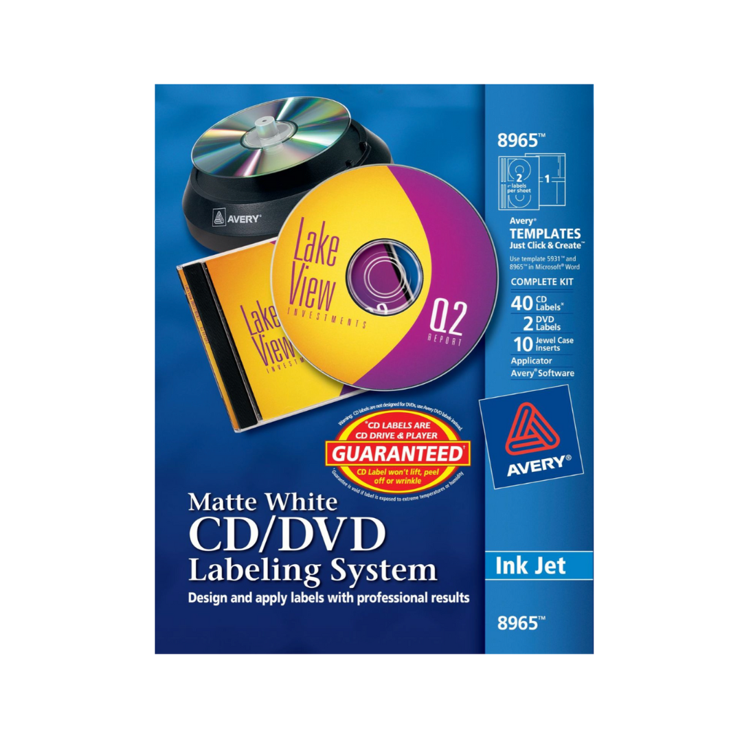 Avery® Sistema de etiquetado de CD/DVD mate, adhesivo permanente, 40 etiquetas (8965)