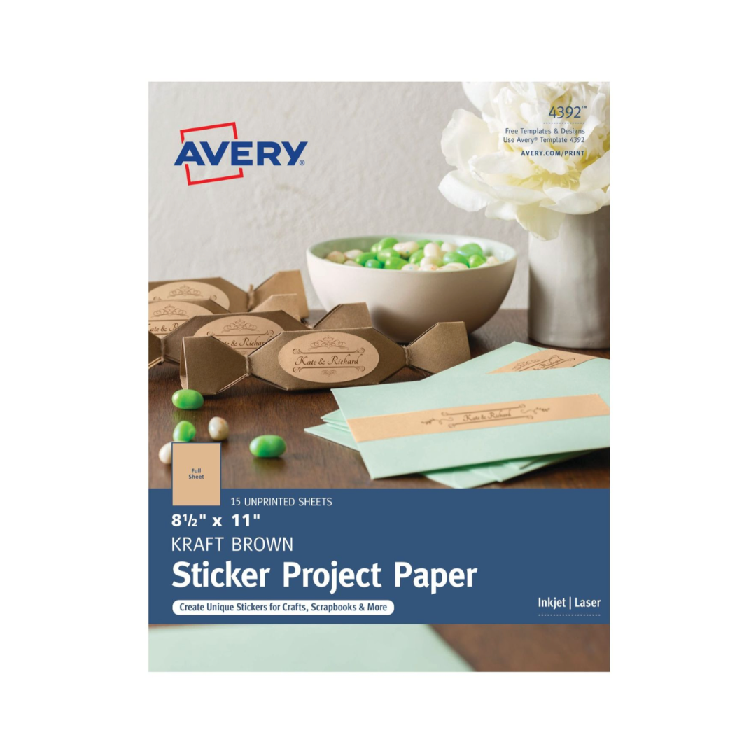 Avery® Papel adhesivo color kraft, para proyectos con ahdesivo permanente, 21.5 x 27.9, impresora láser y de inyección de tinta, 15 hojas kraft (4392)