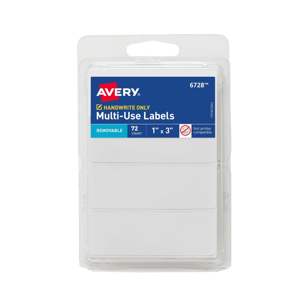 Avery® Etiquetas removibles multiuso, 7.6 x 2.5 cms, blancas, no imprimibles, 72 etiquetas rectangulares en total (6728)