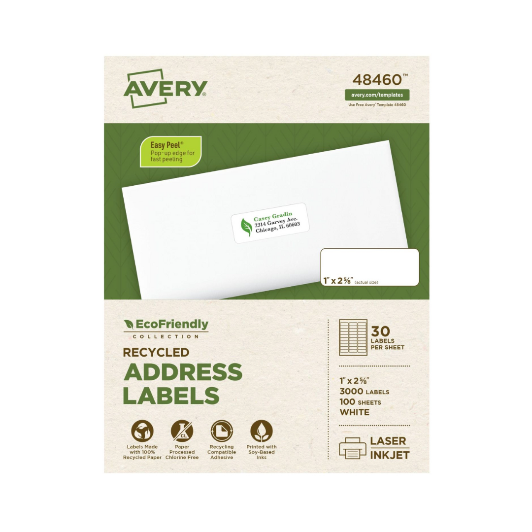 Avery® Etiquetas de dirección EcoFriendly, adhesivo permanente, 6.7 x 2.5 cms, 3000 etiquetas (48460)