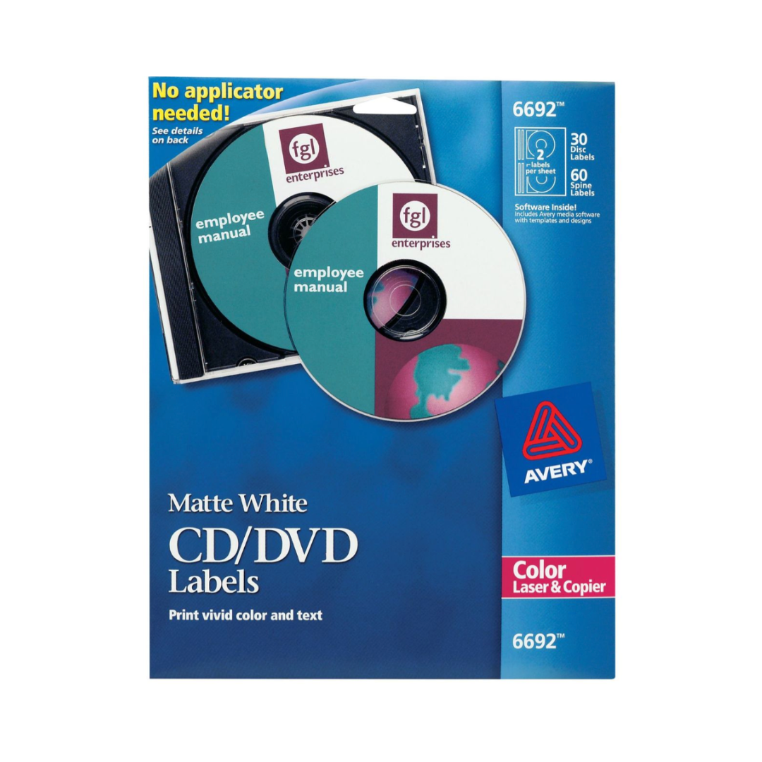 Avery® Etiqueta de CD/DVD, adhesivo permanente, impresión hasta el borde, 30 discos y 60 lomos (6692)