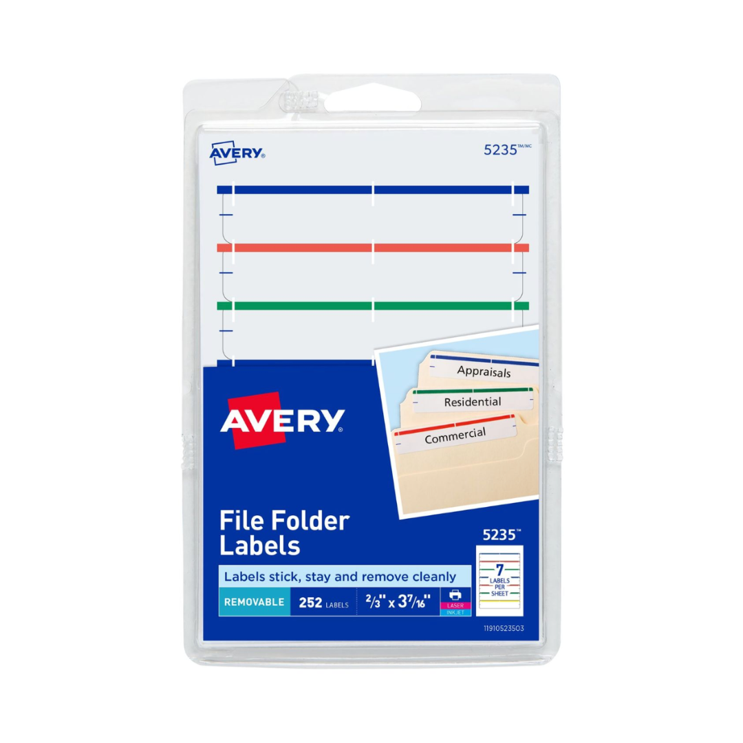 Avery® Etiquetas para carpetas de archivo en formato de 10 x15cms, adhesivo removible, surtidas, tamaño 8.7 x 1.7 cms, 252 etiquetas (5235)