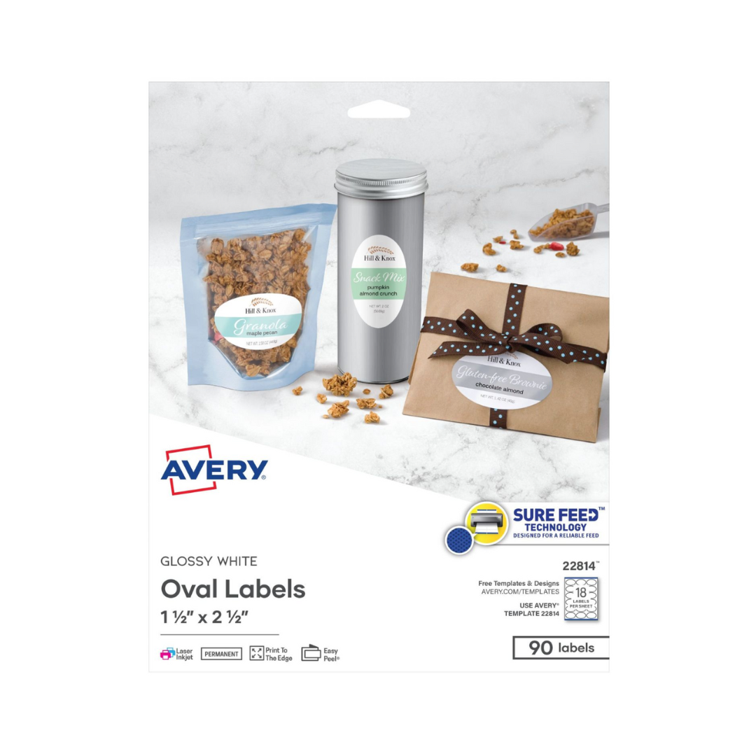 Avery® Etiquetas ovaladas de 6.4 x 3.8cms, 90 etiquetas, adhesivo permanente, blanco brillante (22814)