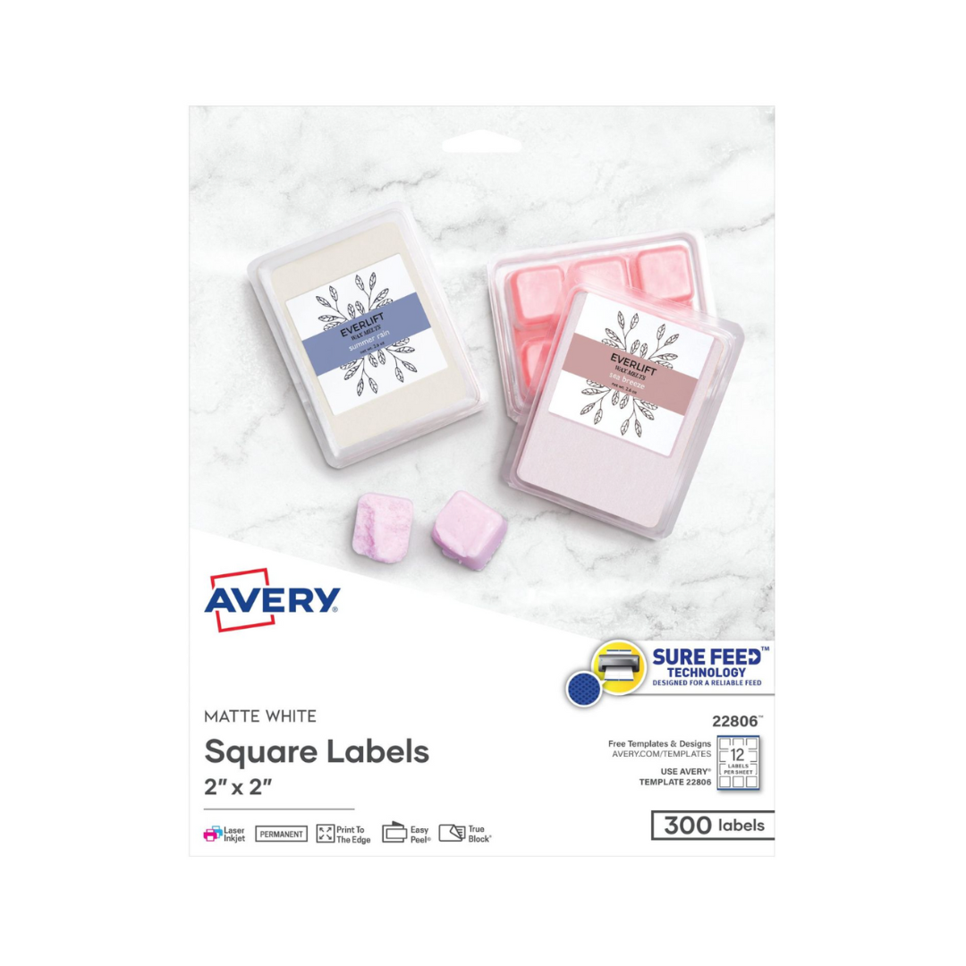 Avery® Etiquetas cuadradas de 5.1 x 5.1 cms, tecnología SureFeed, 300 etiquetas, adhesivo permanente, blanco mate (22806)