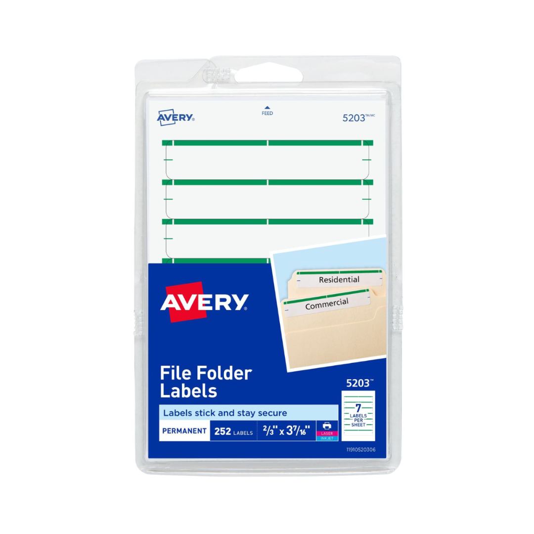 Avery® Etiquetas para carpetas de archivos en hojas de 10 x 15 cms, despegado fácil, blanco/verde, impresas o escritas a mano, 8.7 x 1.7 cms, 252 etiquetas (5203)