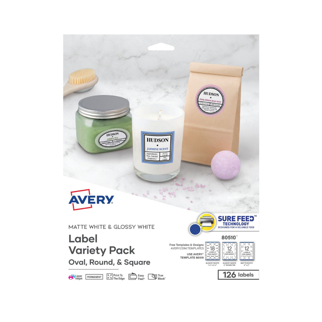 Avery® Etiquetas formas surtidas, tecnología Sure Feed™, blanco brillante, 126 etiquetas, adhesivo permanente (80510)