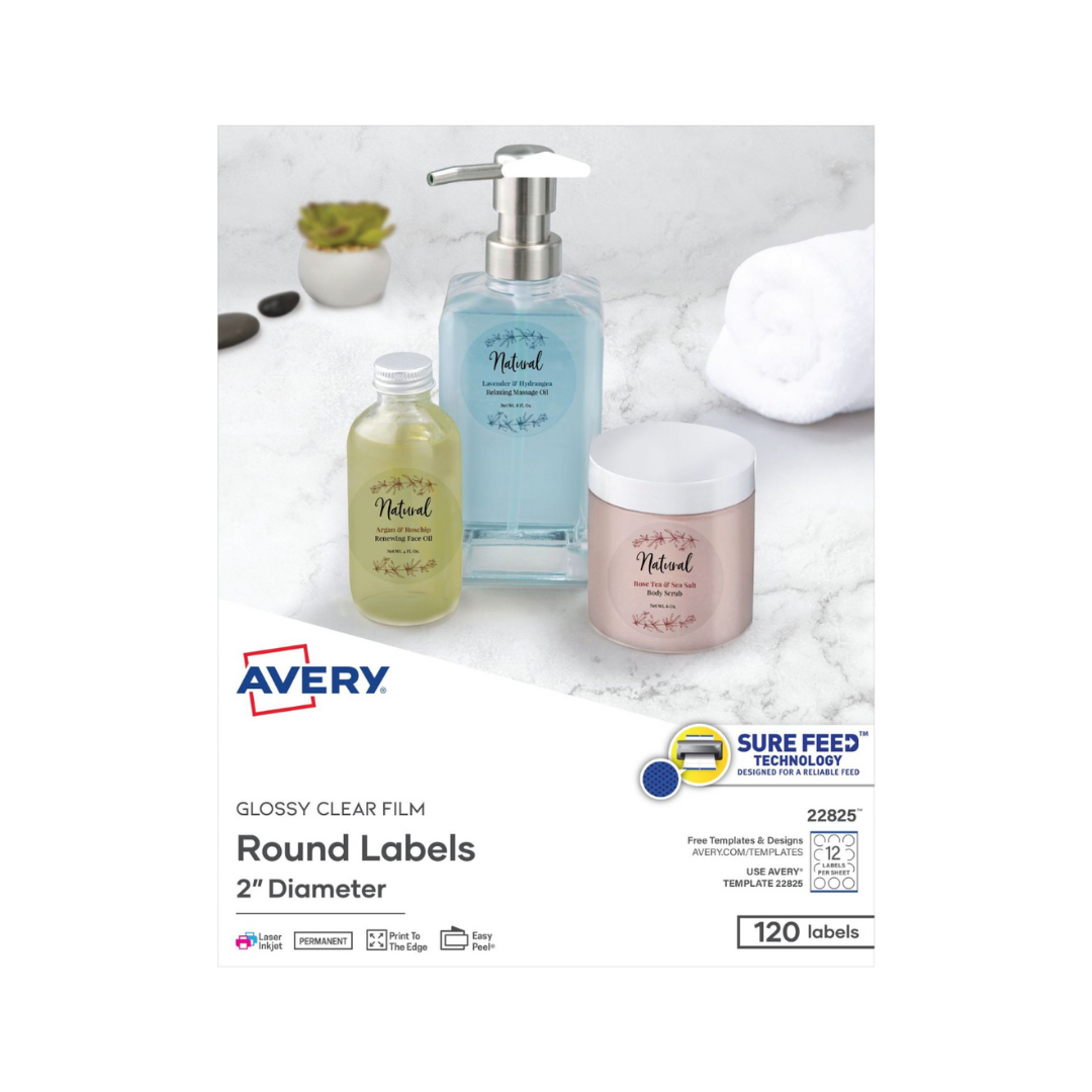 Avery® Etiquetas redondas transparentes brillantes, Sure Feed™, 5.1 cms de diámetro, 120 etiquetas, adhesivo permanente (22825)