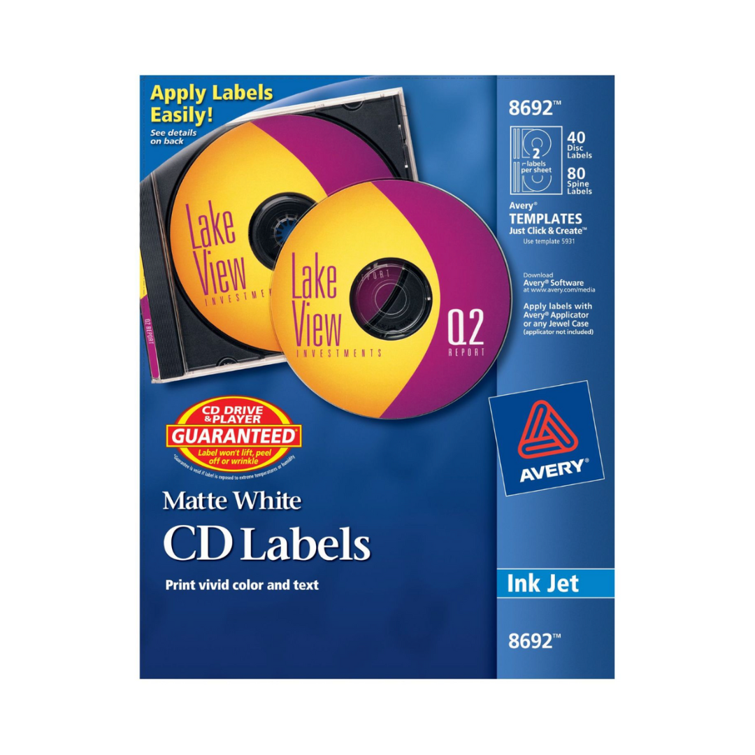 Avery® Etiquetas de CD, impresión hasta el borde, adhesivo permanente, mate, 40 etiquetas frontales y 80 etiquetas de lomo (8692)