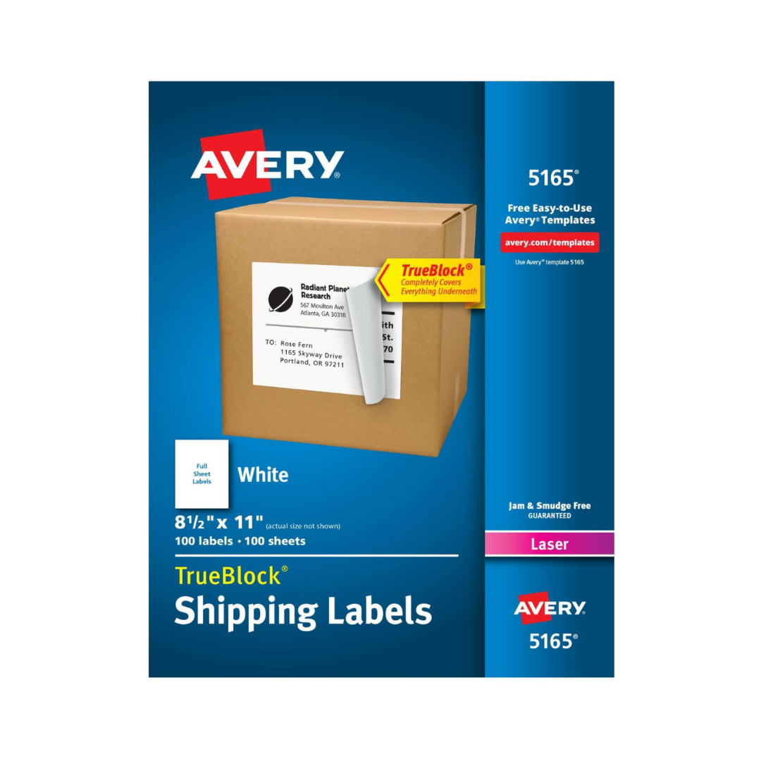 Avery® Etiquetas para envío, tecnología TrueBlock®, adhesivo permanente, 21.6 x 28 cms (Carta), 100 etiquetas (5165)
