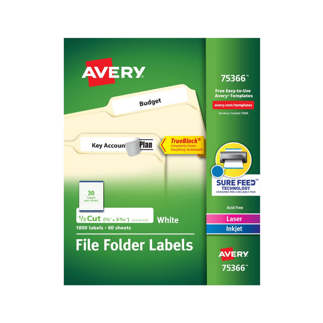 Avery® Etiquetas para carpetas, TrueBlock®, 8.7 x 1.7 cms, 750 etiquetas imprimibles, adhesivo permanente, blanco (8366)